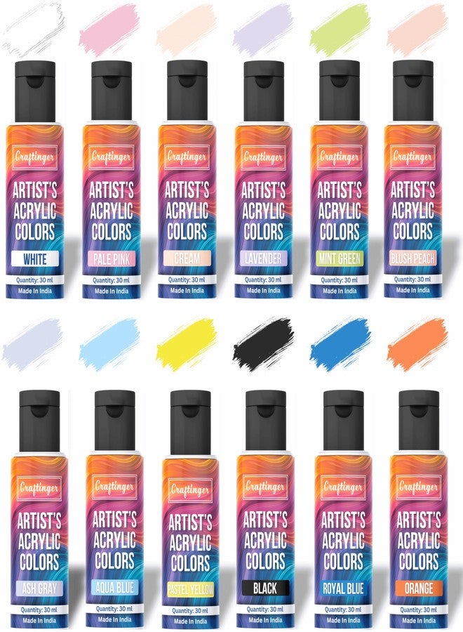 Craftinger 12-Sets Acrylic Colours with 30ml Varnish | Each 30ml Pastel & Essential Colors | Multi-Surface color for Canvas, Wood, Glass, Metal, Plastic & More | Set for Adults for Artists, students, Children & Hobbyists - Image 1